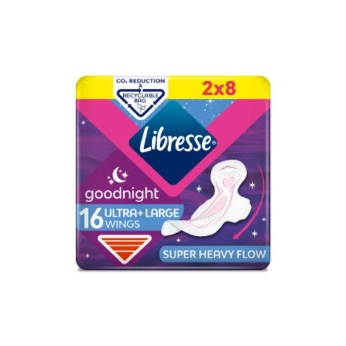Libresse Goodnight Ultra+ Large Goodnight Duo Нощни дамски превръзки с крилца 2x8 бр