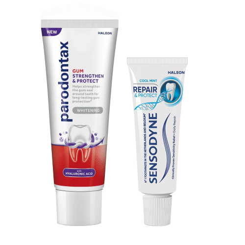 Parodontax Strengthen and Protect Whitening Паста за зъби за комплексна защита 75 мл + Sensodyne Repair and Protect паста за зъби 15 мл Комплект