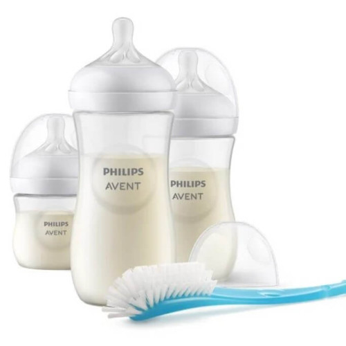 Avent Natural Response Бутилка с биберон със слаб поток 0М+ 125 мл + Бутилка с биберон със среден поток 1М+ 260 мл + Бутилка с биберон със силен поток 3М+ 330 мл + Четка Комплект