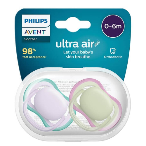 Avent Ultra Air Ортодонтична залъгалка с кутийка 0-6М лилава х 2 броя 