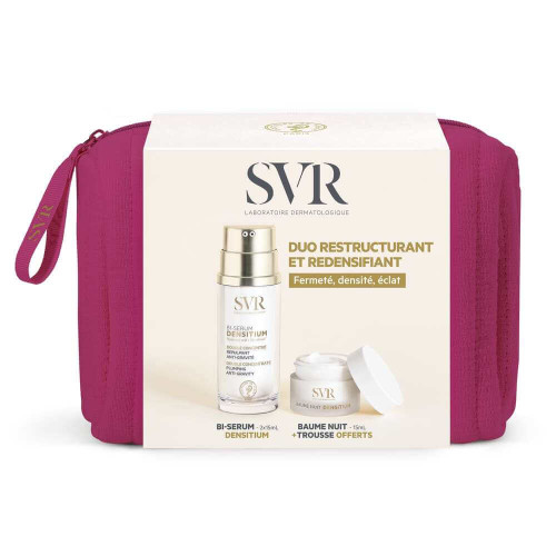 SVR Densitium Двуфазен серум със стягащ и уплътняващ ефект 2х15 мл + SVR Densitium Противостареещ обогатен нощен крем 15 мл + Подарък: несесер Комплект