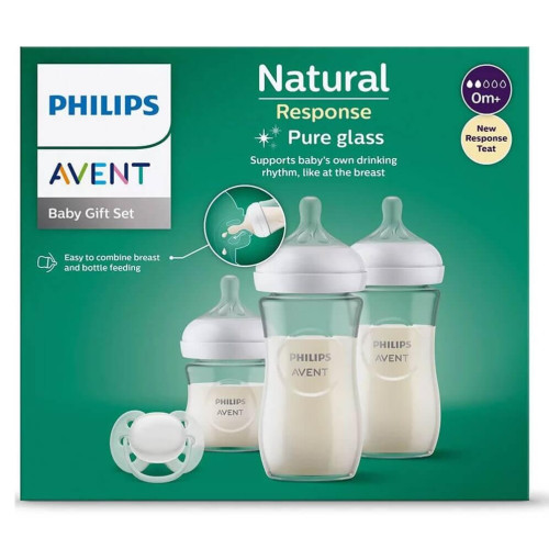 Avent Natural Response Стъклена бутилка 120 мл 0М+ х1 бр + Стъклена бутилка 240 мл 1М+ х2 бр + Avent Ultra Soft Залъгалка 0-6М Комплект