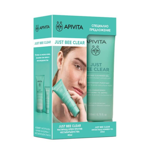 Apivita Just Bee Clear Хидратиращ матиращ крем 40 мл + Почистващ гел за лице 200 мл Комплект