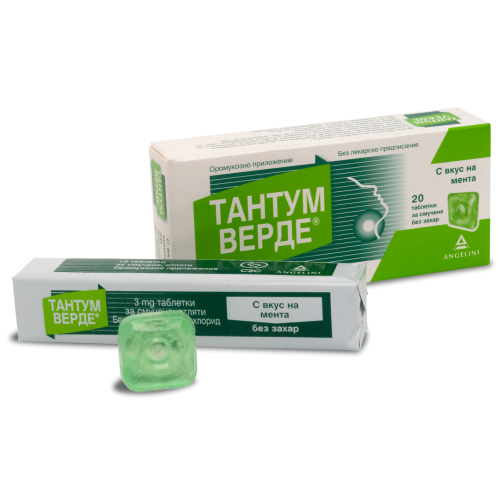 Тантум Верде с вкус на мента при възпалено гърло и болки в устната кухина 3 мг x 20 таблетки Angelini 