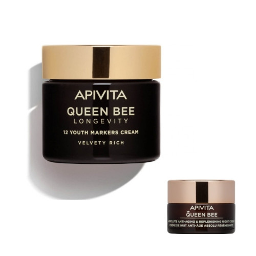 Apivita Queen Bee Longevity Дневен богат крем за лице против стареене 50 мл + Възстановяващ нощен крем против стареене  15 мл Комплект