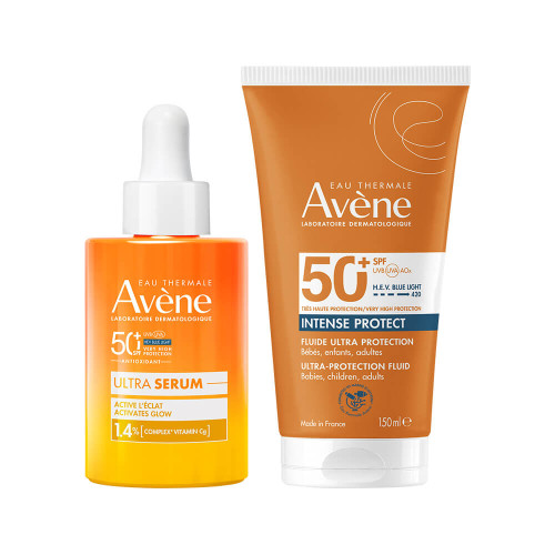 Avene Слънцезащитен озаряващ серум SPF50+ 30 мл + Intense Protect Слънцезащитен водоустойчив флуид SPF50+ 150 мл Комплект