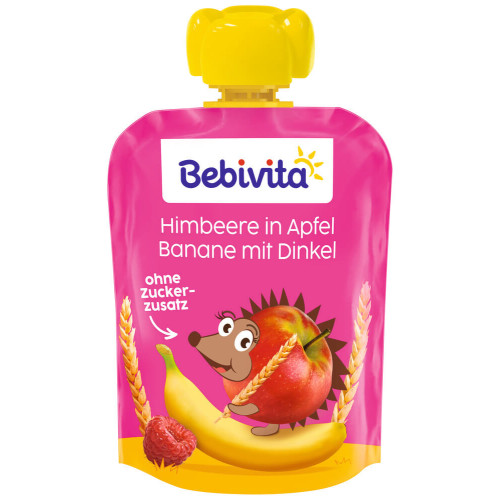 Bebivita Плодов пауч ябълка, банан, малини и спелта 12М+ 90 г