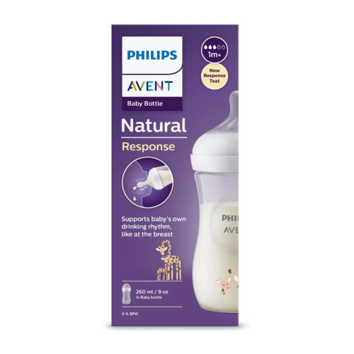 Avent Natural Response Бутилка с биберон със среден поток с картинка за момиче 1М+ 260 мл 