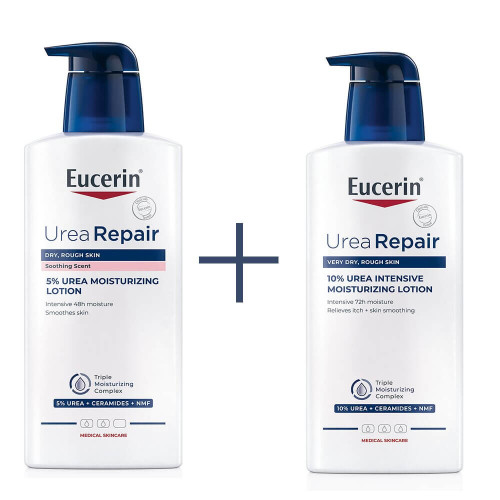 Eucerin Urea Repair Хидратиращ лосион за тяло с 5% урея с аромат 400 мл + Eucerin Urea Repair Интензивен хидратиращ лосион за тяло с 10% урея 400 мл Комплект