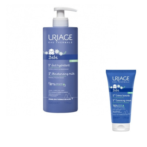 Uriage Bebe 1er Lait Hydratant Нежно хидратиращо мляко с органичен еделвайс 500 мл + Нежен пенлив душ-крем за бебета и деца за лице, тяло и коса с органичен еделвайс 50 мл Комплект