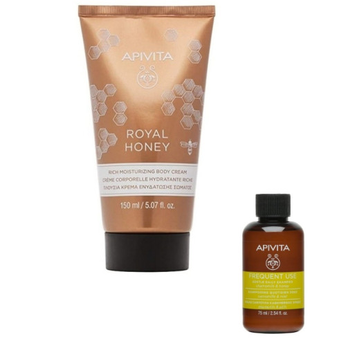 Apivita Royal Honey Богат хидратиращ и релаксиращ крем за тяло с мед 150 мл + Apivita Holistic Hair Care Шампоан за честа употреба 75 мл Комплект
