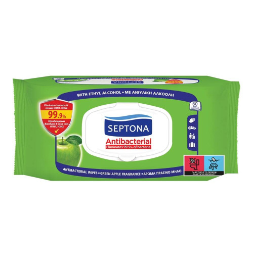 Septona Antibacterial Антибактериални мокри кърпи за ръце с аромат на зелена ябълка 60 бр 