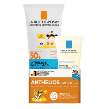 La Roche-Posay Anthelios UVMune 400 Dermo-Pediatrics Хидратиращо слънцезащитно мляко за лице и тяло за деца SPF50+ 250 мл + La Roche-Posay Lipikar AP+ Липидовъзстановяващо измиващо олио за бебета, деца и възрастни 100 мл Комплект