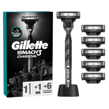 Gillette Mach 3 Charcoal Самобръсначка с 6 ножчета + поставка