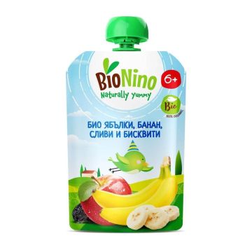 BioNino Био Плодова закуска с ябълки, банан, сливи и бисквити 6М+ 90 г
