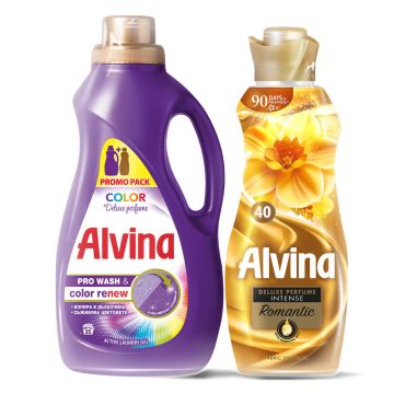 Alvina Color Deluxe Pеrfume Перилен препарат за цветни тъкани 1750 мл + Alvina Deluxe Perfume Intense Romantic Омекотител за тъкани 880 мл Комплект