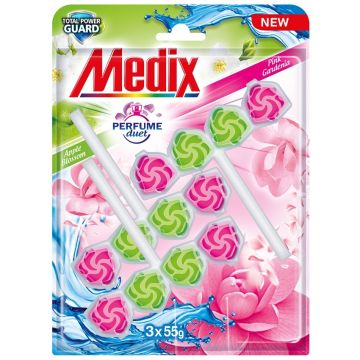 Medix WC Blocks total power guard Perfume duet Твърдо тоалетно блокче, Ябълков цвят и розова гардения 55 г х 3 бр Комплект