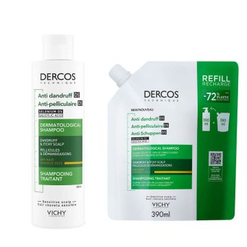 Vichy Dercos Anti-dandruff Шампоан против пърхот за сух скалп 200 мл + Vichy Dercos Anti-dandruff Шампоан против пърхот за сух скалп 390 мл Пълнител Комплект