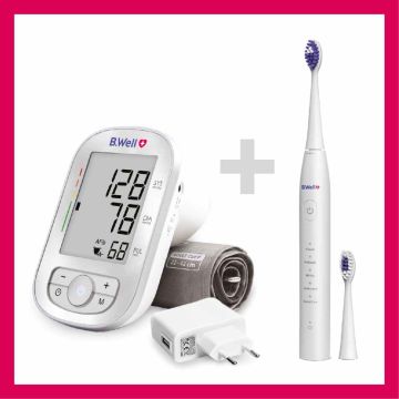 Автоматичният апарат за кръвно B.Well TH-75 AFIB, адаптер, M-L маншет + Sonic PRO 850 Звукова четка за зъби Комплект