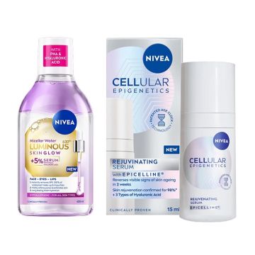 Nivea Luminous Skin Glow Мицеларна вода със серум 400 мл +Nivea Cellular Epigenetics Анти-ейдж серум 15 мл Комплект