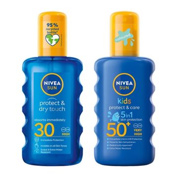 Nivea Sun Protect & Dry Touch Слънцезащитен спрей за тяло SPF30 200 мл +  Детски слънцезащитен оцветен спрей SPF50+ 200 мл Комплект