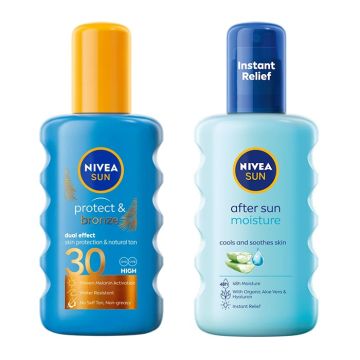 Nivea Sun Protect & Bronze Слънцезащитен спрей за активиране на тена SPF30 200 мл + Охлаждащ спрей за след слънце 200 мл