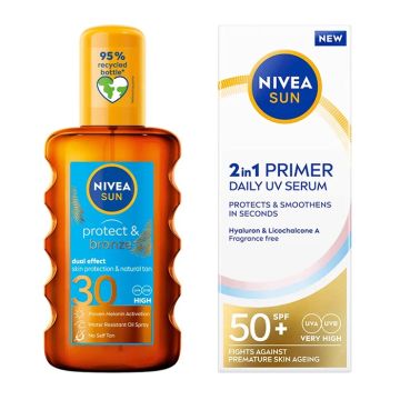 Nivea Sun Protect & Bronze Слънцезащитно олио SPF30 200 мл +  Слънцезащитен серум за лице SPF50+ 30 мл Комплект