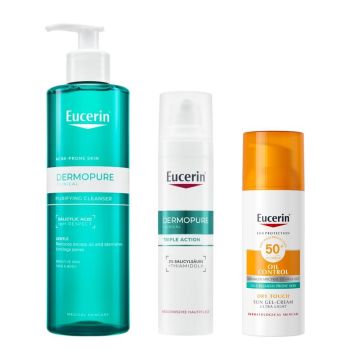 Eucerin Dermopure Clinical Измиващ гел 400 мл + Eucerin DermoPure Clinical Коригиращ флуид с тройно действие 40 мл + Eucerin Sun Oil Control Слънцезащитен гел-крем за лице за мазна и акнеична кожа SPF50+ 50 мл Комплект