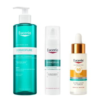 Eucerin Dermopure Clinical Измиващ гел 400 мл + Eucerin DermoPure Clinical Коригиращ флуид с тройно действие 40 мл + Eucerin Sun Oil Control UV  Серум за лице SPF50+ 30 мл Комплект