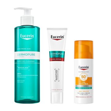 Eucerin Dermopure Clinical Измиващ гел 400 мл + Eucerin Dermopure Clinical Интензивен хидратиращ крем 40 мл + Eucerin Sun Oil Control Слънцезащитен гел-крем за лице за мазна и акнеична кожа SPF50+ 50 мл Комплект