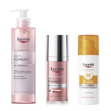 Eucerin Anti-Pigment Измиващ гел против пигментни петна 200 мл + Eucerin Anti-Pigment Серум с двойно действие 30 мл + Eucerin Sun Pigment Control Слънцезащитен флуид за лице при хиперпигментации SPF50+ 50 мл Комплект