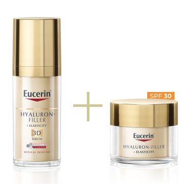 Eucerin Hyaluron-Filler + Elasticity 3D Серум за лице 30 мл + Eucerin Hyaluron-Filler + Elasticity Дневен крем за всеки тип кожа SPF30 50 мл Комплект