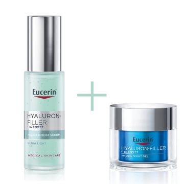 Eucerin Hyaluron-Filler Ултралек хидратиращ гел-бустер за лице 30 мл + Eucerin Hyaluron-Filler Ultra Light Ултра лек хидратиращ нощен крем за всеки тип кожа 50 мл Комплект