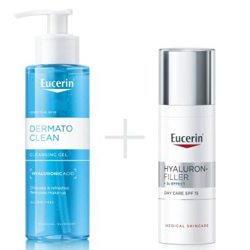 Eucerin DermatoClean Hyaluron Почистващ гел за лице 200 мл + Eucerin Hyaluron-Filler Дневен крем за нормална и комбинирана кожа SPF15 50 мл Комплект