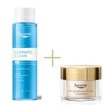 Eucerin DermatoClean Hyaluron Мицеларна почистваща вода 3в1 за всеки тип кожа 400 мл + Eucerin Hyaluron-Filler + Elasticity Дневен крем за всеки тип кожа SPF15 50 мл Комплект