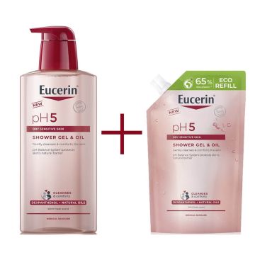Eucerin pH5 Душ гел с натурални масла 400 мл + Eucerin pH5 Душ гел с натурални масла 400 мл Еко пълнител Комплект