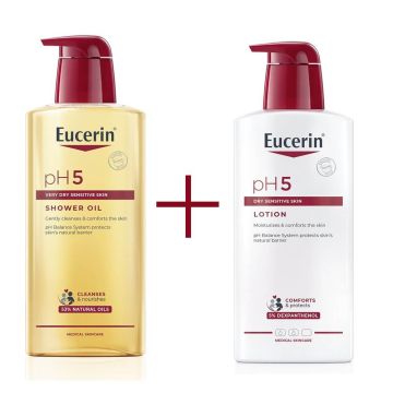 Eucerin pH5 Душ-олио за суха и чувствителна кожа 400 мл + Eucerin pH5 Лосион за тяло за нормална до суха чувствителна кожа 400 мл Комплект