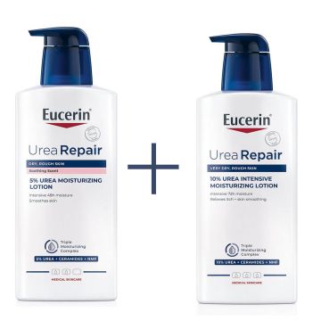 Eucerin Urea Repair Хидратиращ лосион за тяло с 5% урея с аромат 400 мл + Eucerin Urea Repair Интензивен хидратиращ лосион за тяло с 10% урея 400 мл Комплект