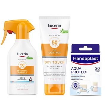 Eucerin Sensitive Protect Kids Слънцезащитен спрей за деца - помпа SPF50+ 250 мл + Eucerin Sun Oil Control Слънцезащитен гел-крем за тяло SPF50+ 200 мл + Hansaplast Aqua Protect 100% Водоустойчиви пластири х 20 броя Комплект