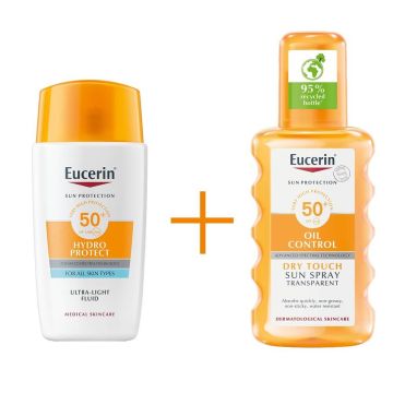 Eucerin Sun Sensitive Protect Слънцезащитен прозрачен спрей SPF50+ 200 мл + Eucerin Sun Hydro Protect Слънцезащитен ултралек флуид за лице SPF50+ 50 мл Комплект
