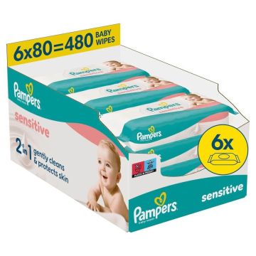 Pampers Sensitive Fragrance Free Бебешки мокри кърпички 6 х 80 бр Комплект