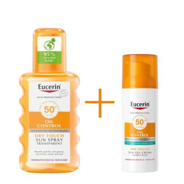 Eucerin Sun Oil Control Слънцезащитен гел-крем за лице за мазна и акнеична кожа SPF50+ 50 мл + Eucerin Sun Sensitive Protect Слънцезащитен прозрачен охлаждащ спрей-аерозол SPF50 200 мл Комплект