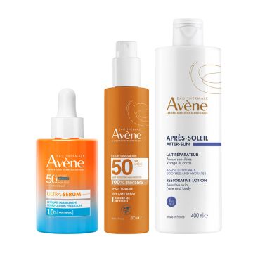 Avene Слънцезащитен серум с дълготрайна хидратация SPF50+ 30 мл + Възстановяващ лосион след слънце 400 мл + Слънцезащитен спрей за лице и тяло невидимо SPF50+ 200 мл Комплект
