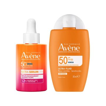 Avene Слънцезащитен серум за мигновено уплътняване SPF50+ 30 мл + Слънцезащитен Ултра флуид за лице SPF50+ 50 мл Комплект