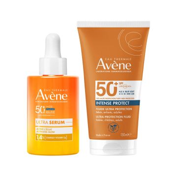 Avene Слънцезащитен озаряващ серум SPF50+ 30 мл + Intense Protect Слънцезащитен водоустойчив флуид SPF50+ 150 мл Комплект