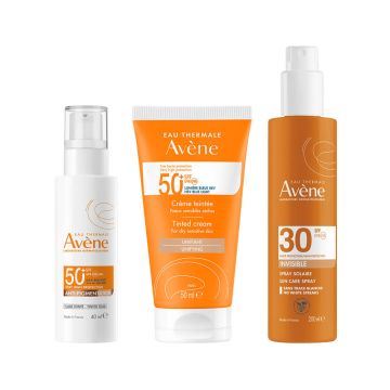 Avene Слънцезащитен тониран крем за лице за чувствителна кожа SPF50+ 50 мл + Слънцезащитен спрей за лице и тяло невидим SPF30 200 мл + Слънцезащитен тониран флуид против пигментация SPF50+ 40 мл
