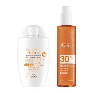 Avene Слънцезащитно олио SPF30 200 мл + Слънцезащитен минерален флуид за лице за чувствителна и нетолерантна кожа SPF50+ 40 мл Комплект