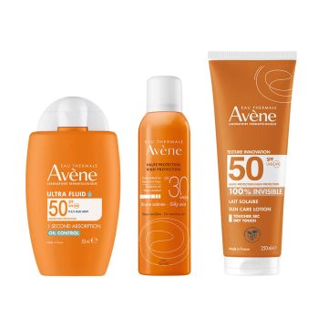 Avene Слънцезащитен сатенен спрей за тяло SPF30 150 мл + Слънцезащитно мляко за лице и тяло невидимо SPF50 250 мл + Слънцезащитен Ултра флуид за мазна кожа SPF50 50 мл Комплект