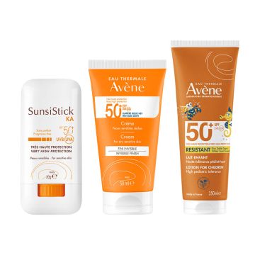Avene Слънцезащитен крем за лице за чувствителна кожа SPF50+ 50 мл + Слънцезащитно мляко за деца за лице и тяло SPF50+ 250 мл +  Слънцезащитен стик за локализирани чувствителни зони SPF50+ 20 г Комплект 