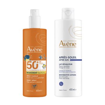 Avene Family Слънцезащитен спрей за лице и тяло SPF50+ 400 мл + Възстановяващ лосион след слънце 400 мл Комплект